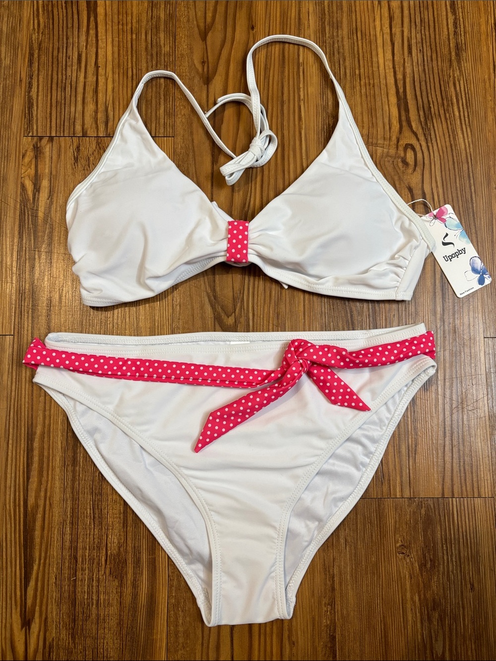 Upopby White Bikini with Pink Polka Dot Trim